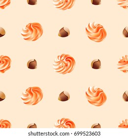 Seamless pattern with light red twisted meringue (zephyr, marshmallow) and hazelnut isolated on background. 