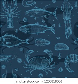 Seamless pattern with light silhouettes of seafood on blue background with dark silhouettes. Hand-drawn tuna, crab, lobster, salmon, oyster, mussel, dorado, shrimp, squid. Vector.