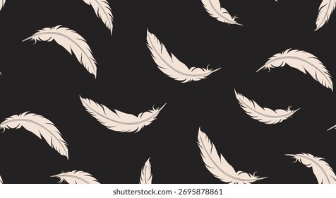 Padrão contínuo de penas leves e estilizadas com uma textura sutil, espalhadas aleatoriamente em um fundo escuro e quase preto, criando uma estética boêmia suave e tranquila.