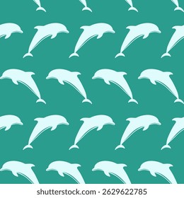 Seamless pattern with light teal dolphins swimming on vibrant teal background. Fresh and energetic marine-themed design for textiles and backgrounds. Vector marine cute baby seamless pattern. 