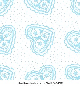 Seamless pattern light, tender hearts of crocheted. Ornament of hearts fabric, hand-drawn. Pattern for Home Textile, Clothing.