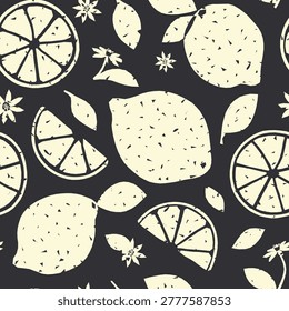 Seamless pattern with light textured lemons on dark background. Vector hand drawn citrus ornament
