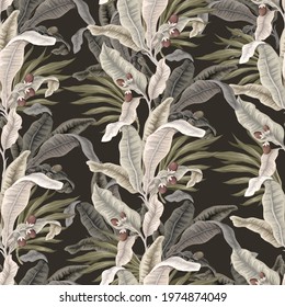 Seamless pattern with light tropical leaves and flowers. Trendy textile print