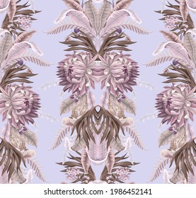 Seamless pattern with light tropical leaves and flowers. Trendy textile print