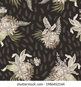 Patrón sin foco con flores y hojas tropicales claras. Impresión textil de moda