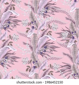 Seamless pattern with light tropical leaves and flowers. Trendy textile print