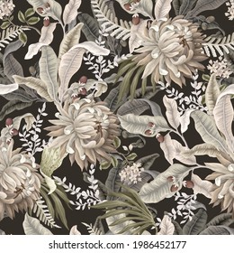 Seamless pattern with light tropical leaves and flowers. Trendy textile print