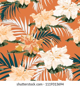 Seamless pattern, light vintage colors palm leaves and hibiscus flowers on light brown background. Vector illustration.