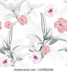 Seamless pattern, light vintage colors Ficus Elastica leaves and hibiscus flowers on white background. Vector illustration.