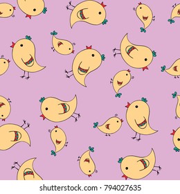 Seamless pattern, light violet and yellow color, for nursery kids textile fabric, clothes and nappy print, with two birds, mother and a child, cute seamless pattern for wallpaper and any background.