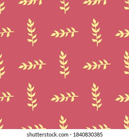 Seamless pattern with light yellow branches on bright pink background. Vector image. 