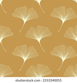 Seamless pattern with light yellow ginkgo biloba leaves on a brown background. Foliage pattern. Vector pattern.