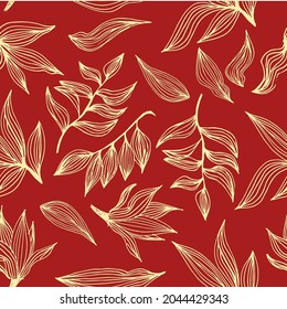 seamless pattern light yellow strype leaves on red bordo. Print for wrapping paper, textile, fabric, background and wallpaper for interior, suvenior products.