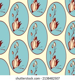 seamless pattern light yellow vintage blooming magnolia branches with buds in blue oval medallions vector