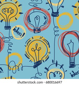 seamless pattern with lightbulbs, background for creativity and good ideas, blue and yellow colors, vector illustration in sketch style 