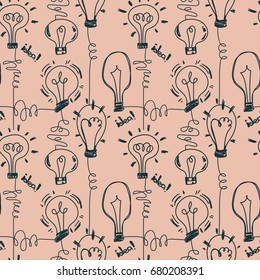 seamless pattern with lightbulbs on tender pink background, background for creativity and good ideas, vector illustration in sketch style 