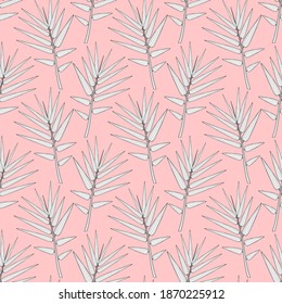 Patrón sin foco. Hojas de bambú de color claro sobre un fondo rosado. Vector.