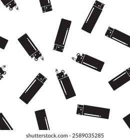 Seamless pattern with lighter black icon. Texture pattern with manual gas lighters. Wallpaper design template isolated on white background. monochrome vector illustration