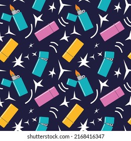 Seamless pattern with lighters and stars on a dark background. A set of stylish colored metal lighters for the design of backgrounds, textiles, packaging.