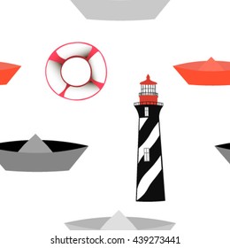 Seamless pattern with lighthouse and boats