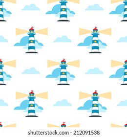 Seamless pattern with lighthouse and clouds on white background