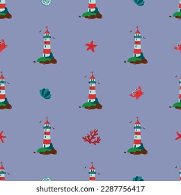 Seamless pattern with lighthouse, crabs, starfish, shell and caral. Design for fabric, textile, wallpaper, packaging.