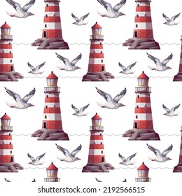 Seamless pattern with Lighthouse and flying seagull. Maritime, sea coast, marine life, nautical concept. Vector illustration.