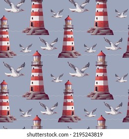 Seamless pattern with Lighthouse and flying seagull. Maritime, sea coast, marine life, nautical concept. Vector illustration.