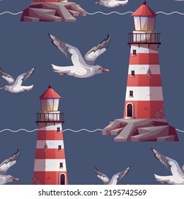 Seamless pattern with Lighthouse and flying seagull. Maritime, sea coast, marine life, nautical concept. Vector illustration.