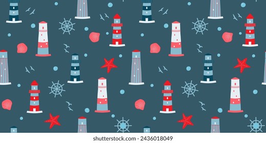 Seamless pattern with lighthouse, helm, stars, shells. Abstract sea print. Vector graphics.