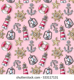 Seamless pattern with lighthouse, life preserver, flashlight, anchor and starfish