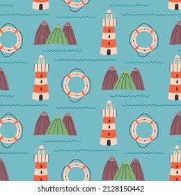 Seamless pattern lighthouse lifebuoy mountains. Doodle Hand drawn nursery baby scandinavian style kids digital textile fabric paper