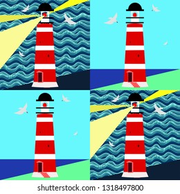 Seamless pattern lighthouse night and day sea landscape vector graphics