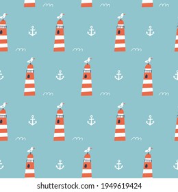Seamless pattern with lighthouse on a blue background. Vector illustrations