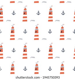 Seamless pattern with lighthouse on a white background. Vector illustrations