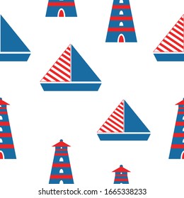 Seamless pattern with lighthouse and sail boats. Simple flat cartoon style. Geometric graphic ornament. Sea and ocean. Marine transport. Nautical traveling. Summer print. Kids textile and wallpaper