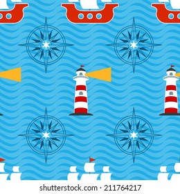 Seamless pattern with lighthouse, sailboat and compass rose on blue wavy background
