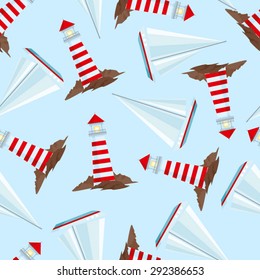 Seamless pattern with lighthouse and sailing ship