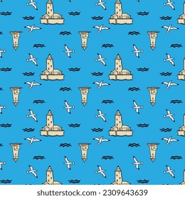 Seamless pattern with lighthouse, seagull . Vector flat sea design