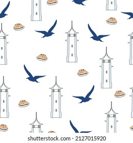Seamless pattern lighthouse, seashell, gull on white background. Light house, shell, flying bird seagull paint texture. Marine elegance repetitive yachting motif, fashion textile. Vector design eps 10