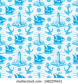 Seamless pattern with lighthouse ships and anchors on a blue background.
