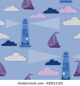 Seamless pattern with lighthouse, ships and clouds in wavy lined background.