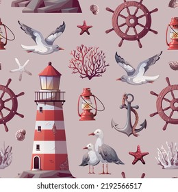 Seamless pattern with lighthouse, ship's steering wheel, anchor, corals, seagulls, seashells. Maritime, sea coast, marine life, nautical concept. Vector illustration.