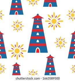 Seamless pattern with lighthouse and sun. Classic blue, red and yellow. Simple flat. Cartoon style. Sea and ocean. Navigation architecture. Graphic elements. For postcards, textile and wrapping paper