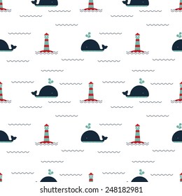 seamless pattern lighthouse  whale