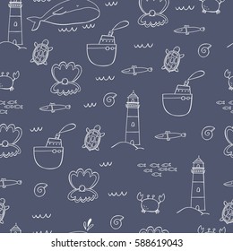 Seamless pattern with lighthouse, whale, turtle, shell, crab.