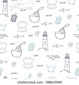 Seamless pattern with lighthouse, whale, turtle, shell, crab.