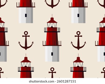 Seamless pattern of lighthouses and anchors, Nautical wallpaper background for your design , wrapping paper, fabric