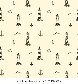 Seamless pattern with lighthouses and anchors on light background