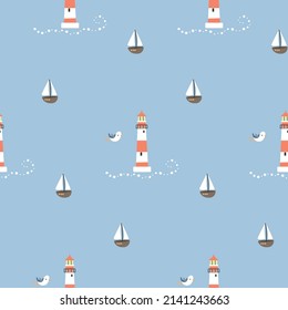 Seamless pattern with lighthouses, cute cartoon seagulls and ships. Vector illustration.